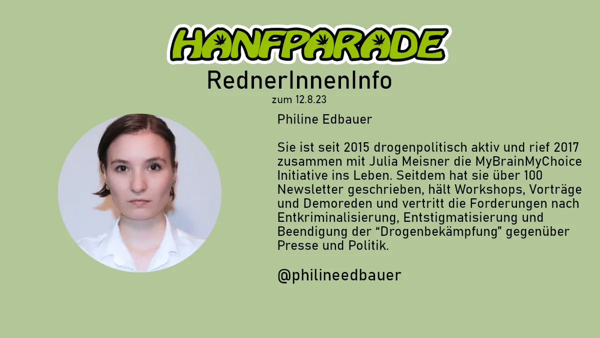 Auf der Hanfparade: Philine Edbauer ist seit 2015 drogenpolitisch aktiv und rief 2017 zusammen mit Julia Meisner die MyBrainMyChoice Initiative ins Leben. Seitdem hat sie etliche Newsletter geschrieben, hält Workshops, Vorträge und Demoreden 👍  Mehr Info: buff.ly/3rxpjzV