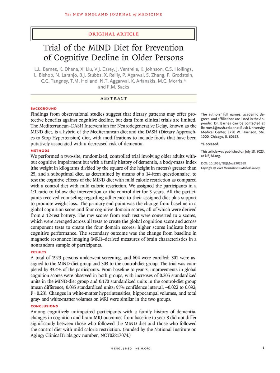 Presented at #AAIC23: A 3-year trial involving persons with a family history of dementia showed no differences in cognitive change or brain MRI outcomes between the MIND diet, designed for neuroprotection, and a control diet. Full trial results: nej.md/3DaZs3p