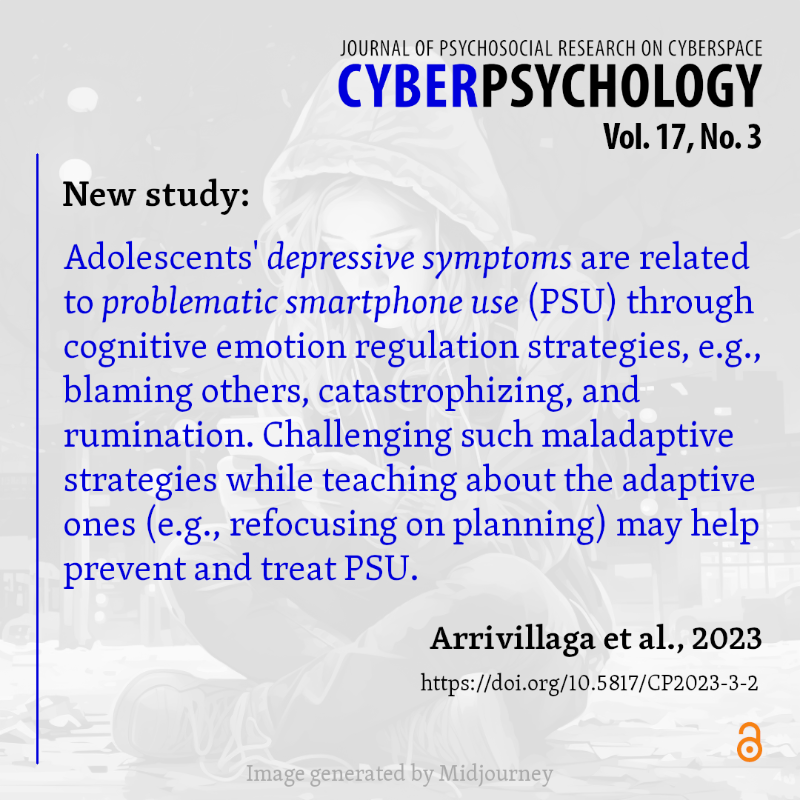 CyberPsy_jn's tweet photo. Can depressive symptoms lead to problematic smartphone use? 😢📱
A new study by @ChristianeA, J.D. Elhai, @Reypenalourdes &amp; @nextremera investigated the mediating role of emotion regulation strategies. Read it 👇
#depression #smartphones  #problematicuse #PSU