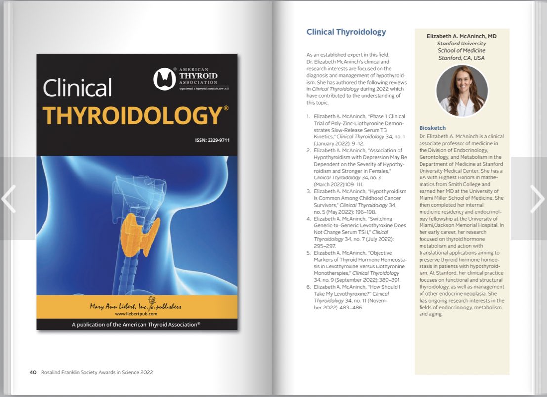 LizzyMcAninchMD (@lizzymcaninchmd) on Twitter photo I’m overwhelmed with honor and gratitude to receive a 2022 Rosalind Franklin Society (RFS) Award in Science for my contributions to <a href="/clinicalthyroid/">Clinical Thyroidology</a> . Thank you @WomenScienceRFS , <a href="/LiebertPub/">Mary Ann Liebert Inc</a> and <a href="/clinicalthyroid/">Clinical Thyroidology</a> for this generous recognition and for highlighting #hypothyroidism I’m overwhelmed with honor and gratitude to receive a 2022 Rosalind Franklin Society (RFS) Award in Science for my contributions to <a href="/clinicalthyroid/">Clinical Thyroidology</a> . Thank you @WomenScienceRFS , <a href="/LiebertPub/">Mary Ann Liebert Inc</a> and <a href="/clinicalthyroid/">Clinical Thyroidology</a> for this generous recognition and for highlighting #hypothyroidism