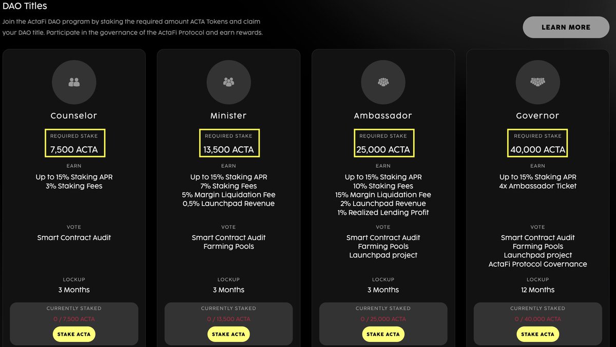 ActaFi DAO Title Discounts are now tested on ActaFi Testnet. Are you ready for more #passiveincome and an ActaFi Launchpad investment tier?

Don't miss the opportunity to secure your DAO title at a discount!

Start: Wed 19th July, 1pm UTC
Duration: 24h

More info: