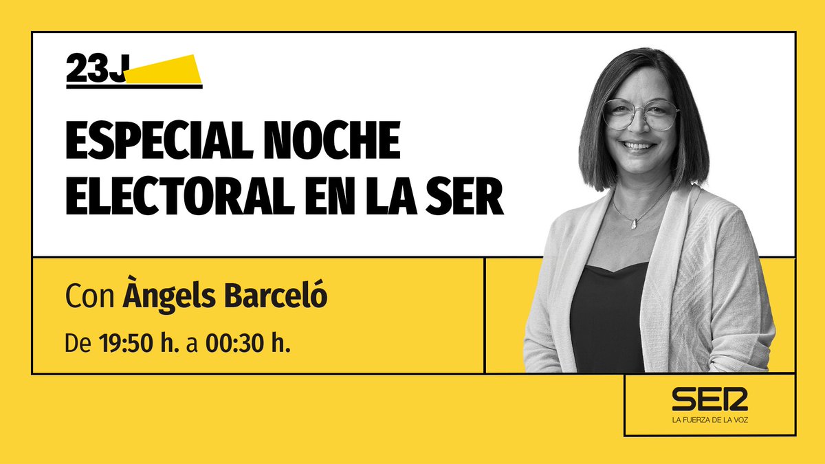 SER Comunicación (@ser_comunica) on Twitter photo 🟡<a href="/La_SER/">Cadena SER</a> ofrecerá una amplia cobertura de las elecciones generales en España este 23 de julio. Desde las 19:50 h y hasta las 00:30 h, <a href="/AngelsBarcelo/">Àngels Barceló</a> y <a href="/jl_sastre/">José Luis Sastre</a> dirigirán una programación especial con el escrutinio en tiempo real, las reacciones y el análisis de la jornada. 🟡<a href="/La_SER/">Cadena SER</a> ofrecerá una amplia cobertura de las elecciones generales en España este 23 de julio. Desde las 19:50 h y hasta las 00:30 h, <a href="/AngelsBarcelo/">Àngels Barceló</a> y <a href="/jl_sastre/">José Luis Sastre</a> dirigirán una programación especial con el escrutinio en tiempo real, las reacciones y el análisis de la jornada.