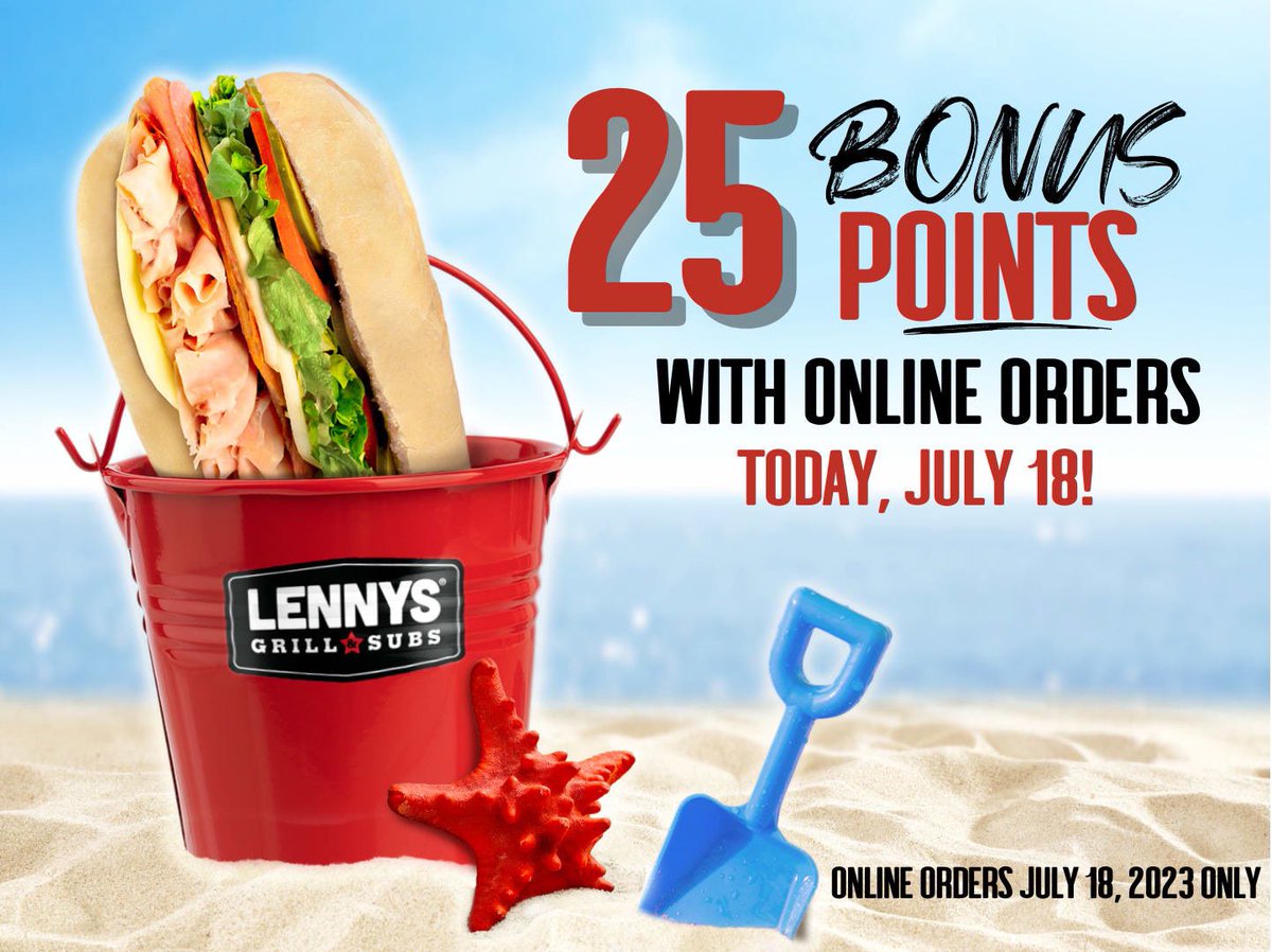LennysGrapevine's tweet photo. 🤩 25 BONUS POINTS today!
 
Lennys Rewards Members earn 25 BONUS reward points when you order online today, July 18.
 
That's an extra 25 points (in addition to the points you'll earn with your order).

👉 And don't forget that online ordering has its perks! Order ahead for now or later, and get it delivered, or skip the line and pick it up in-store. You'll be devouring that sub you've been craving in no time.
.
.
.
*Disclaimer: Loyalty Members only. Place an online order today, July 18, 2023, and receive an extra 25 bonus points in addition to the points you receive for your order.  Valid for online orders only. Excludes in-store or 3rd party delivery orders. If your bonus points aren't showing up, make sure to refresh your browser or update your app.