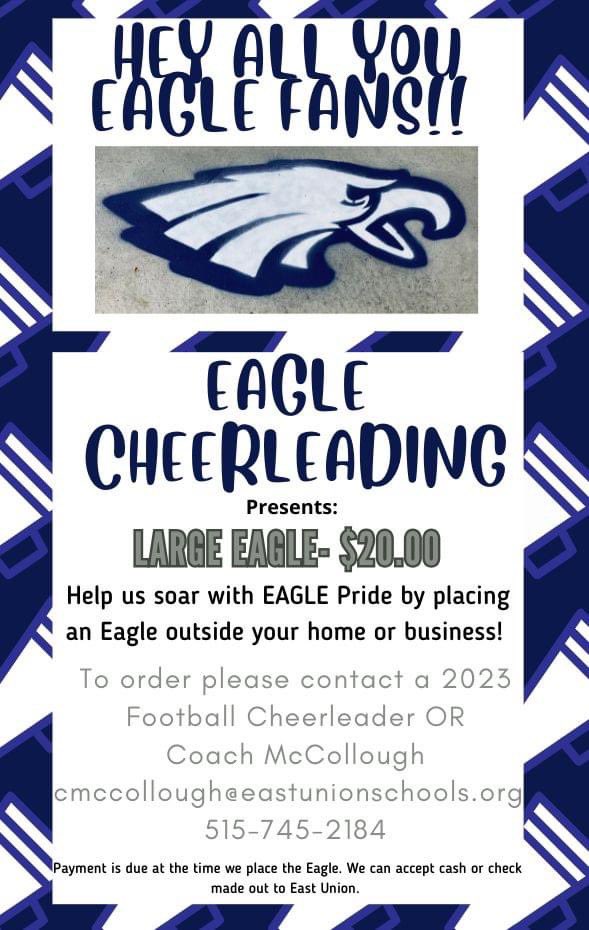 CheerEu's tweet photo. 📣 Calling all Eagle Fans!! 
Help us soar with Eagle Pride! 🦅 

👉🏻 Get your large Eagle decal for $20.00 outside your home or business! (Navy blue &amp; White spray paint will be used)
📆 We will sell these until September 9th! 
💰 Money we raise will help with items for the season! https://t.co/Rb2JylobqP
