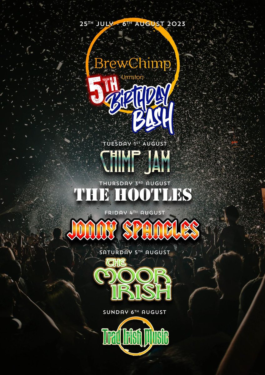 BrewChimp Urmston celebrates its FIFTH BIRTHDAY this year! We've got TWO WHOLE WEEKS of events lined up for you lovely lot! Reckon you can make them all on the bounce?

25th July - 6th August 2023 is going to be epic!