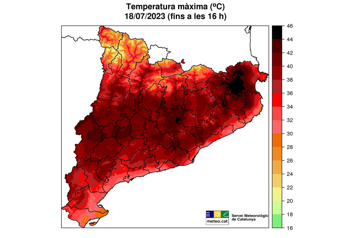 Amb la calorada històrica d'avui, fins a les 16.00 h, s'han superat els 43ºC a un bon grapat d'estacions automàtiques de la xarxa de l'SMC. Destaquen els registres assolits al Pantà de Darnius - Boadella i a Navata, a l'#AltEmpordà, amb 45,1ºC, rècord absolut.