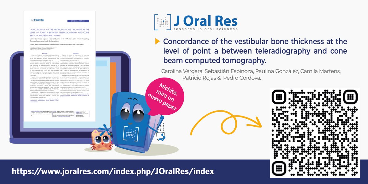 Te invitamos a leer "Concordance of the vestibular bone thickness at the level of point a between teleradiography and cone beam computed tomography." Vergara C, Espinoza S, González P, Martens C, Rojas P &amp; Córdova P. Descarga con el QR o en joralres.com/index.php/JOra…