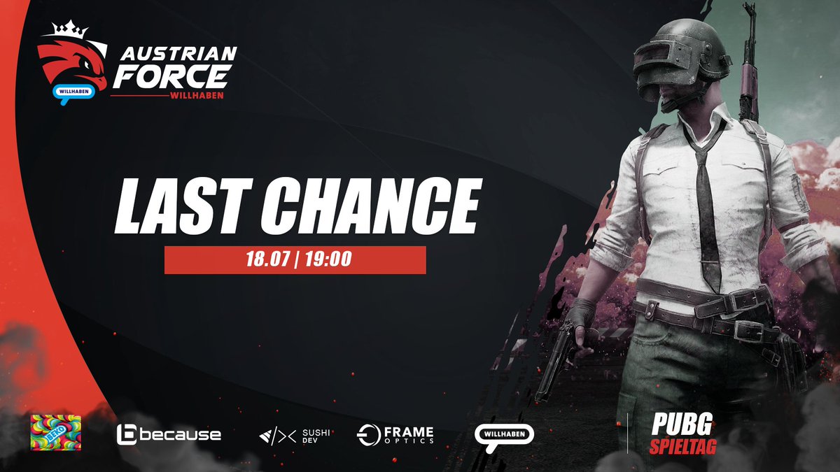 Eine allerletzte Chance steht für unser Team in <a href="/BeingEsportsGER/">BEING ESPORTS DACH</a> D/A/CH-Meisterschaft an. Schaffen wir es, uns noch in die Top 8 zu kämpfen?

⏰19:00
💻twitch.tv/beingesports

🇩🇪@JekozTV
🇩🇪<a href="/fapsPUBG/">faps</a>
🇩🇪@Mon_kyPUBG
🇩🇪<a href="/JimPaensi/">JimPaensi</a>

#AFWILL👑