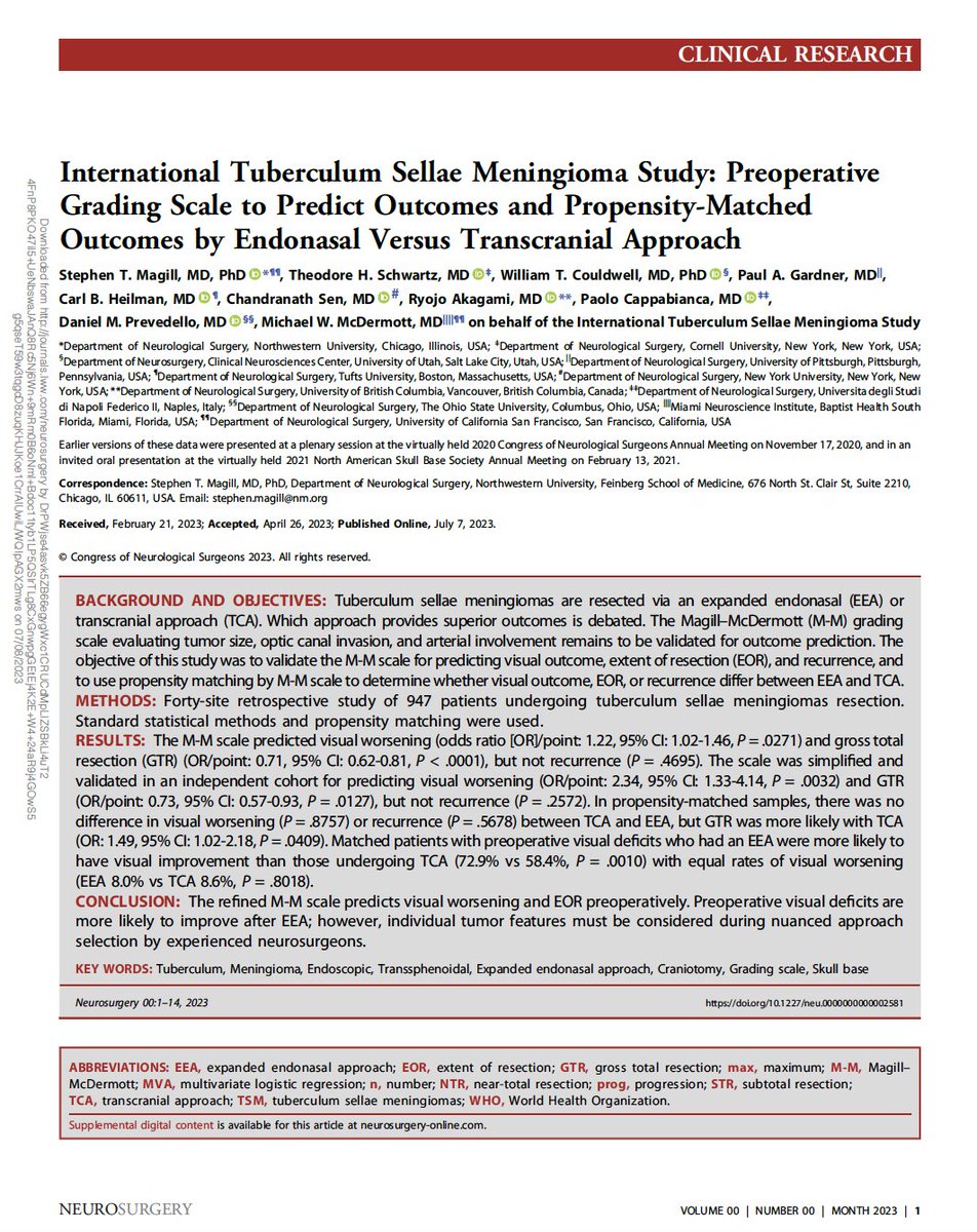 International Tuberculum Sellae Meningioma Study: Preoperative Grading Scale to Predict Outcomes and Propensity-Matched Outcomes by Endonasal Versus Transcranial Approach

doi.org/10.1227/neu.00…

#cerebrovascular #skullbase #neurosurgeon #medicaltraining  @uw_health