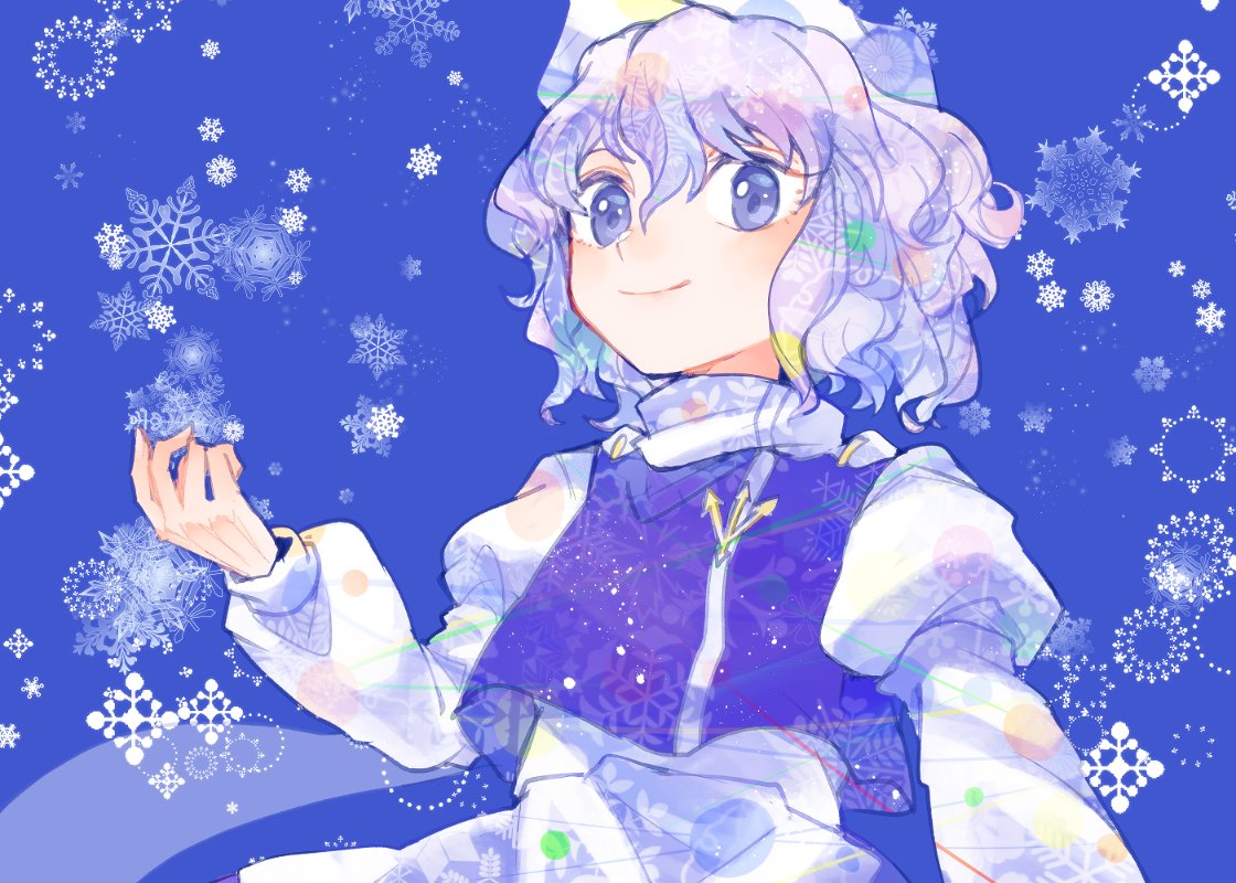 letty whiterock 1girl solo snowflakes long sleeves smile puffy sleeves vest  illustration images