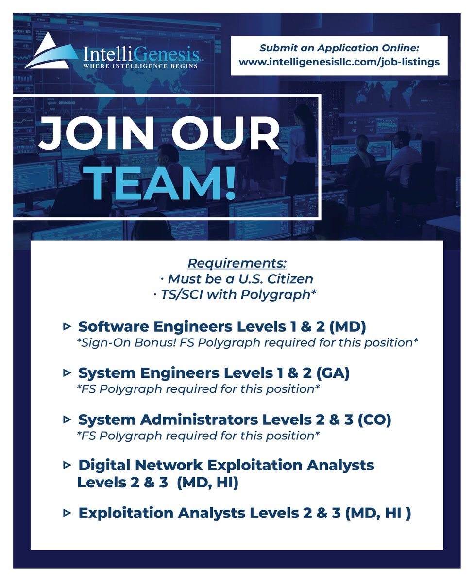 IntelliGenesis LLC is #hiring! We are currently seeking qualified candidates to fill opportunities in MD, GA, CO, and HI.Submit an application or search for more openings on our website: lnkd.in/dPpEJDE

#analystjobs #systemengineering #softwareengineering #sysadmins