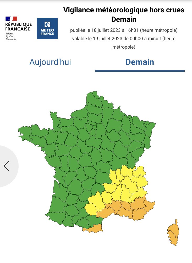 🟠🌡️ 10 départements du Sud-Est de la France et Andorre placés en #vigilance orange #canicule pour ce mercredi, notamment l’Hérault, le Gard et les Bouches-du-Rhône.

➡️ Restez informés : vigilance.meteofrance.fr