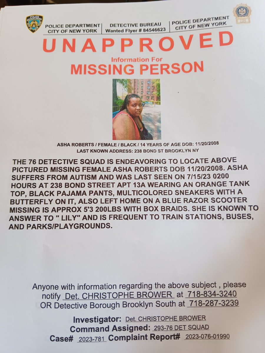 LincolnRestler's tweet photo. ‼️MISSING YOUNG PERSON‼️ 

14 yr old Asha Roberts (AKA Lily) has autism &amp; limited verbal skills.

Last seen 5AM, July 15 by Atlantic &amp; Nevins wearing orange tanktop, black pajama pants, &amp; multicolor sneakers. Lives in Gowanus Houses.

Call PD 718-834-3240 or my team: 718-875-5200 https://t.co/yIjO2P1IPY