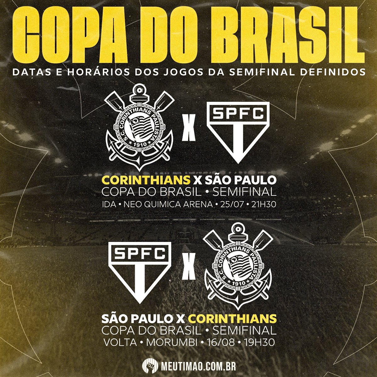 CBF define dia e horário dos jogos entre Corinthians e São Paulo pela Copa  do Brasil