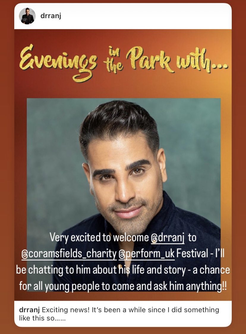 Excited to welcome @DrRanj for a rare chance to hear him talk about his life and journey - and a chance for young people to ask him any questions! All @coramsfields on 11 August as part of Perform festival. Come and join us - book at performinthepark.uk