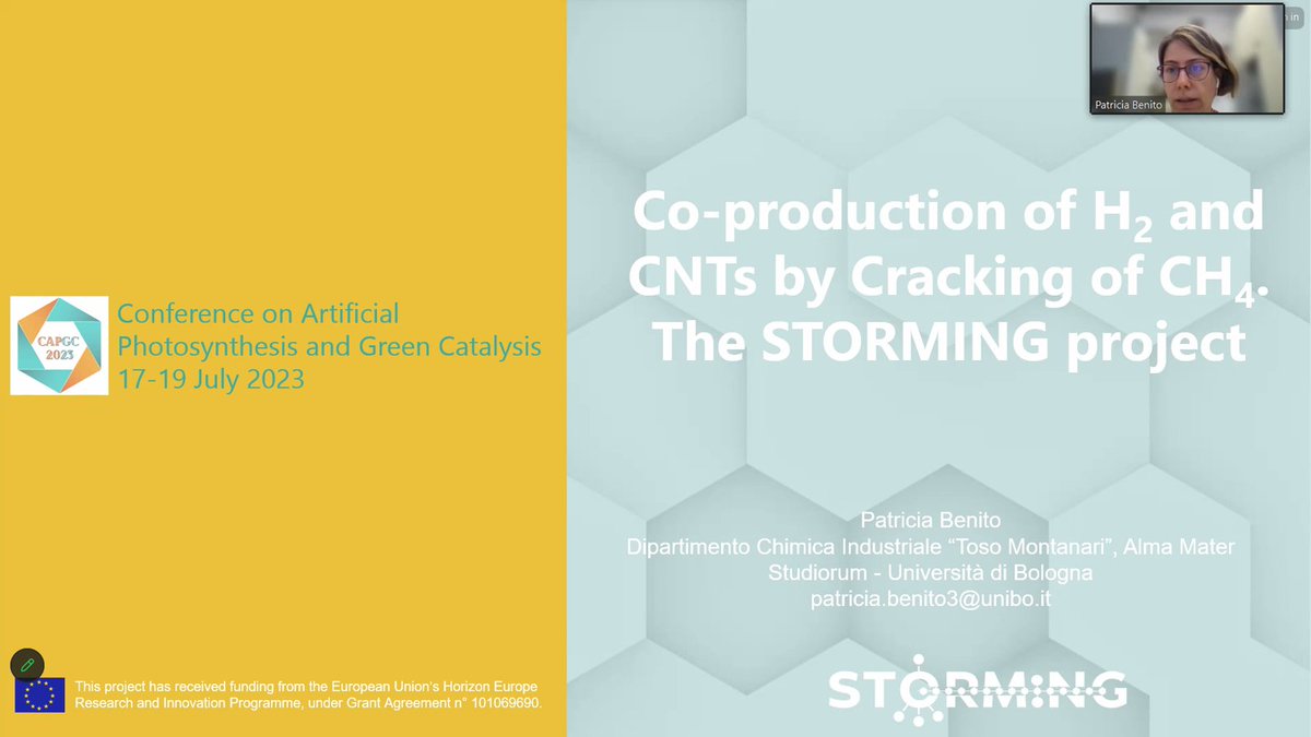 Closing the online talks was Patricia Benito, from <a href="/Unibo/">Università di Bologna</a>, gave a fascinating talk on "Co-production of H2 and CNTs by Cracking of CH4. The STORMING project."
More updates on the twitter page: <a href="/StormingEU/">Storming EU project</a>

#CAPGC2023 #hydrogenproduction #112CO2 #SUN2CHEM #methanedecomposition