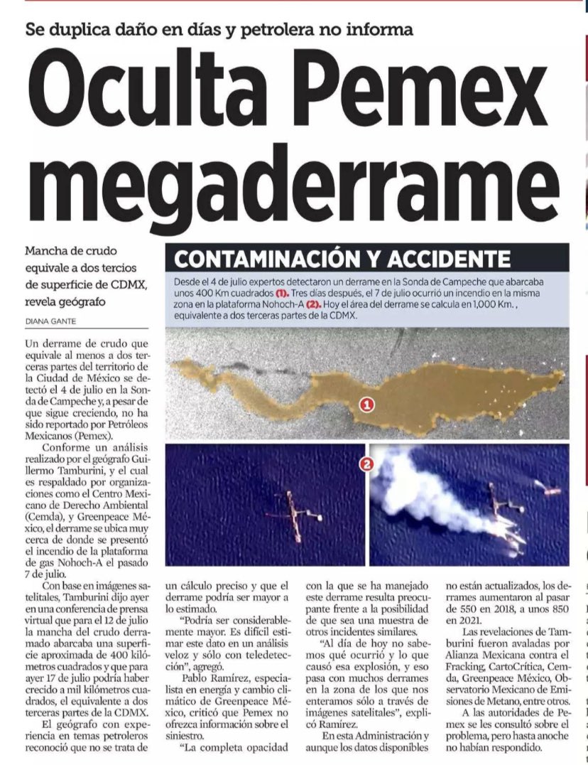 Una plataforma de <a href="/Pemex/">Petróleos Mexicanos</a> derrama crudo durante dos meses en el Golfo de México.

El derrame sería dos veces el tamaño de Guadalajara. 

<a href="/OctavioRomero_O/">Octavio Romero</a> no informa. 

La plataforma estalla. Mueren personas. El agrónomo sigue callado. 

Un gobierno negligente y criminal.