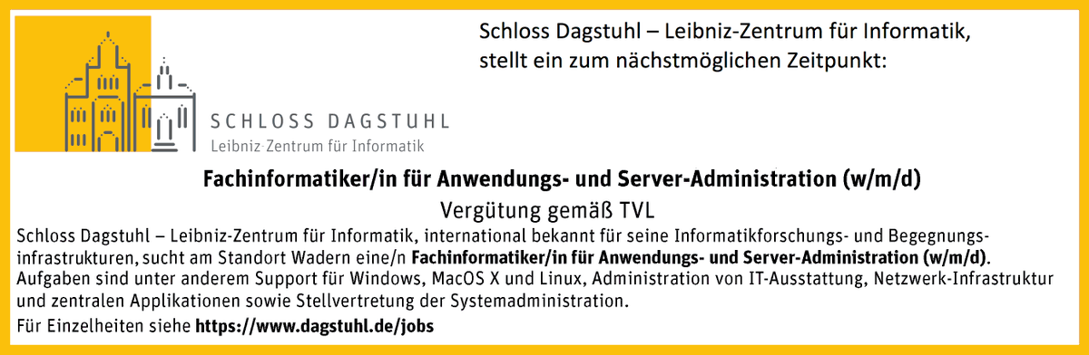 Willst Du in einem Informatikforschungsschloss IT Systeme und IT Infrastruktur administrieren und supporten? LZI Schloss Dagstuhl sucht eine/n Fachinformatiker/in (w/m/d): dagstuhl.de/jobs #Jobs #hiring #Stellenangebot #Saarland