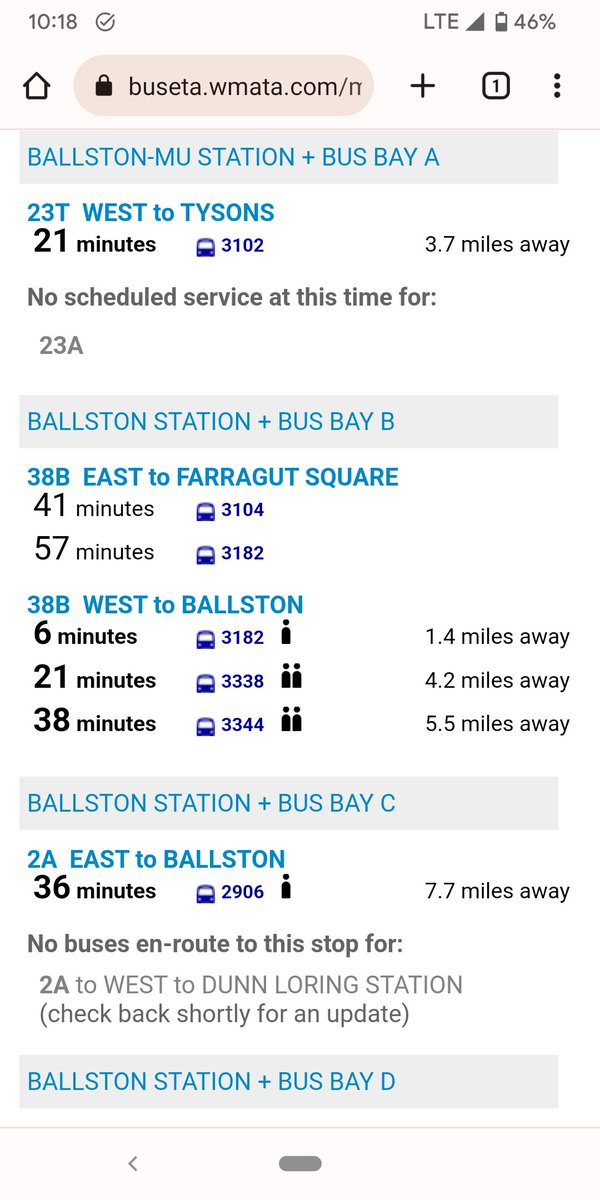 SukiBot's tweet photo. @unsuckdcmetro Can't rely on BUSETA for 38B since covid.  Pics taken 7/18 10:18am. At Ballston stop, no bus there, sign says it's coming in 13 min.  Meanwhile, BUSETA says next bus east coming in 41 min (should be every 15 mins),  but BUSETA says one already at Ballston.  I drive https://t.co/kuzqc9hhwM