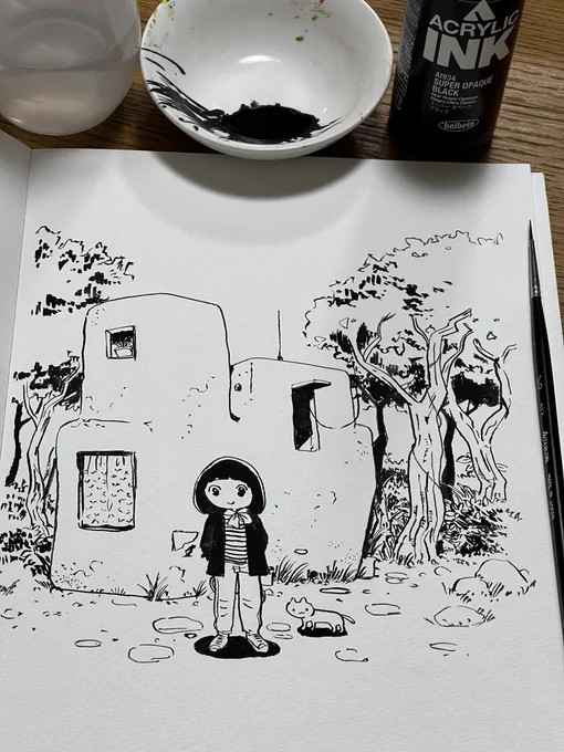 アクリルインク+細筆で描いてみる。これいいかも。慣れてくるともうちょっと自由に描けそう。 
