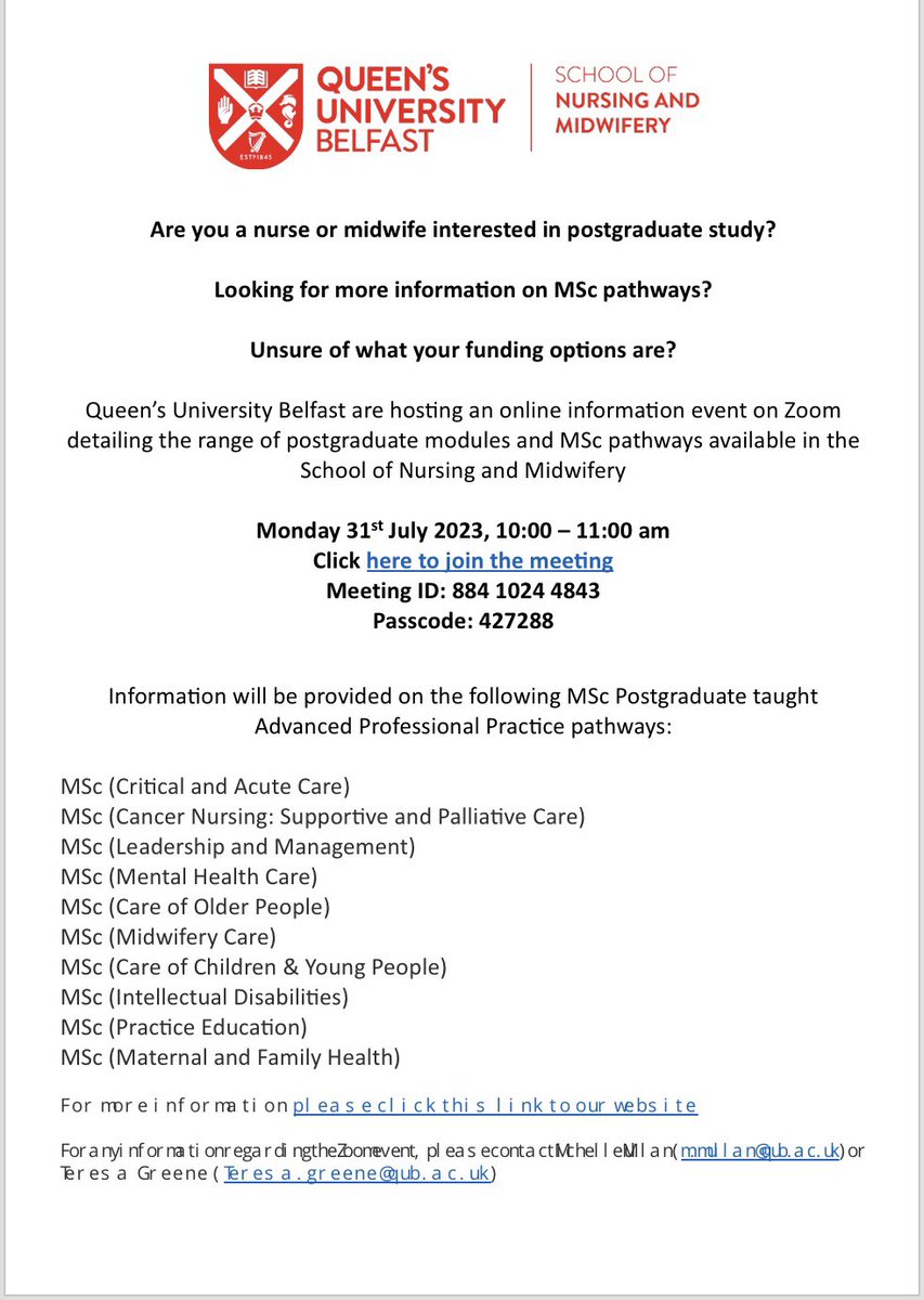 LD Nursing at QUB (@qubldn) on Twitter photo 📣 📣 📣 Are you a nurse/midwife interested in postgraduate study?
Looking for more info on MSc pathways?
Unsure about your funding options?
Check out our event on 31/07/23
For info contact Michelle Mullan m.mullan@qub.ac.uk or Teresa Greene Teresa.greene@qub.ac.uk 📣 📣 📣 Are you a nurse/midwife interested in postgraduate study?
Looking for more info on MSc pathways?
Unsure about your funding options?
Check out our event on 31/07/23
For info contact Michelle Mullan m.mullan@qub.ac.uk or Teresa Greene Teresa.greene@qub.ac.uk