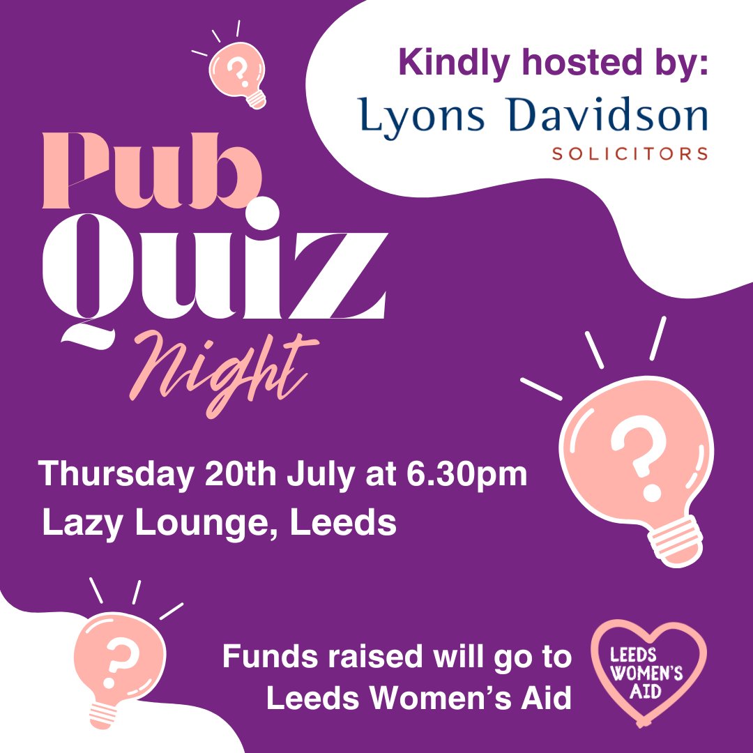 Our wonderful supporters, <a href="/LyonsDavidson/">Lyons Davidson</a>, are hosting a quiz night in memory of a colleague. The event is happening at 6pm tomorrow at <a href="/LazyLounge/">𝕃𝕒𝕫𝕪 𝕃𝕠𝕦𝕟𝕘𝕖</a>  in Leeds.

Money raised will kindly be donated to us. 💜

If you would like to come along, please email: dleslie@lyonsdavidson.co.uk
