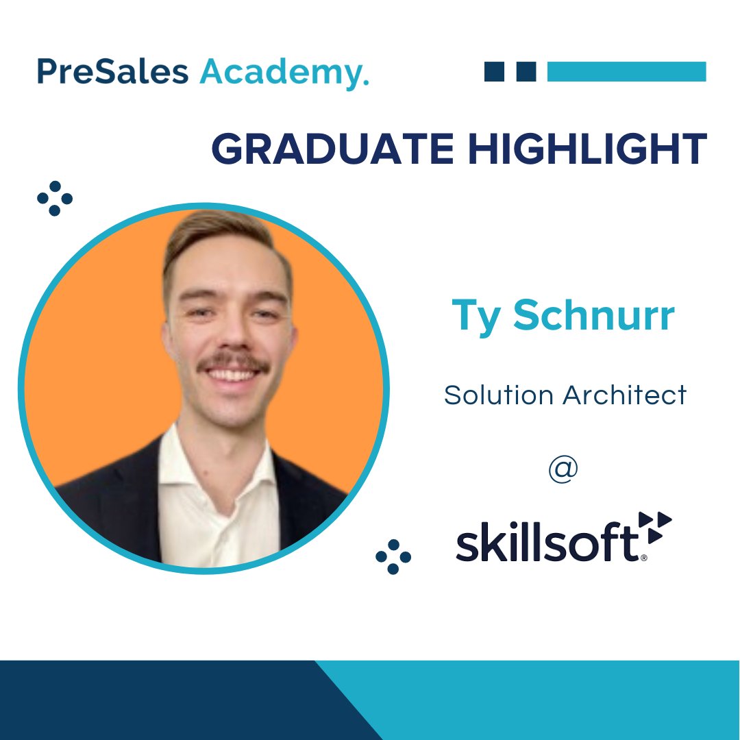 PreSalesAcademy's tweet photo. Congratulations to Ty Schnurr for his new role as a Solution Architect at Skillsoft!🎉

Thanks to Eric Lambert (Mentor) and Morgan Ballevre (Coach) for supporting Ty in his career journey!

#psahired #presales #presalescollective #techcareers #careerchange https://t.co/uMKwr5oXxV