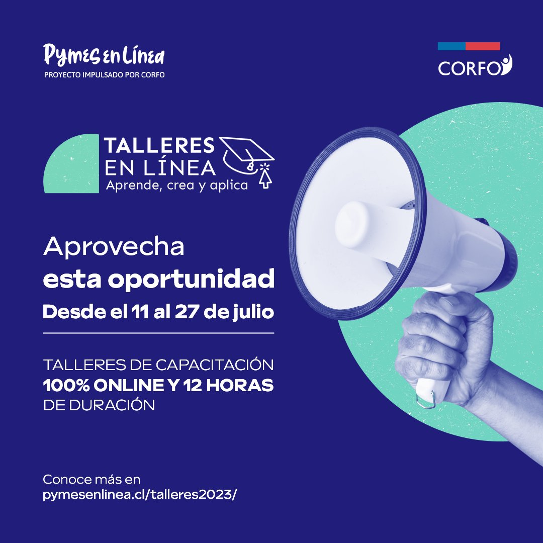 ¡Siempre es bueno capacitarse! ✍️Postula a los nuevos talleres de pymesenlinea.cl. Hay 1.200 becas disponibles. Impulsa tus ventas digitales y mejora tus conocimientos y herramientas necesarias para digitalizar tu empresa de manera ágil y efectiva.