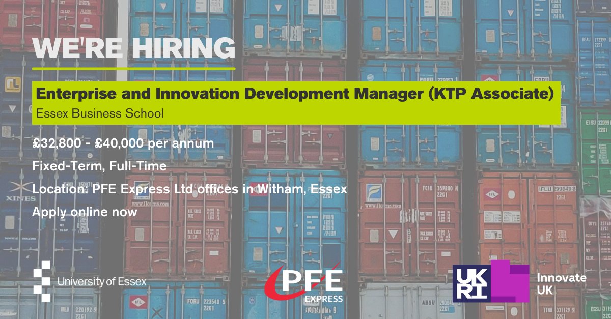 Business Innovation & Enterprise at Essex (@uoe_business) on Twitter photo We’re hiring! We’re looking for a Enterprise and Innovation Development Manager (KTP Associate) for a new partnership between the
<a href="/Uni_of_Essex/">University of Essex</a> and international freight forwarding company <a href="/PFEExpressLtd/">PFE Express Ltd</a>.
📍Download the job pack today to find out more: vacancies.essex.ac.uk/tlive_webrecru… We’re hiring! We’re looking for a Enterprise and Innovation Development Manager (KTP Associate) for a new partnership between the
<a href="/Uni_of_Essex/">University of Essex</a> and international freight forwarding company <a href="/PFEExpressLtd/">PFE Express Ltd</a>.
📍Download the job pack today to find out more: vacancies.essex.ac.uk/tlive_webrecru…