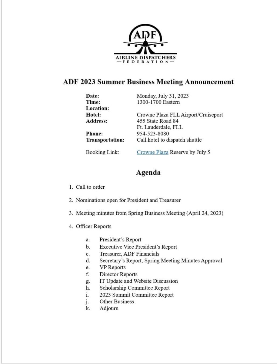 dxdude1978's tweet photo. ADF Summer Business Meeting will be held Monday July 31 at 1300

What: 2023 Summer Business Meeting
Where:  Crowne Plaza FLL Airport
When:  Monday July 31 13:00
Who can attend:  Any Member in good standing

Agenda is below! https://t.co/1ck5HOuDOe