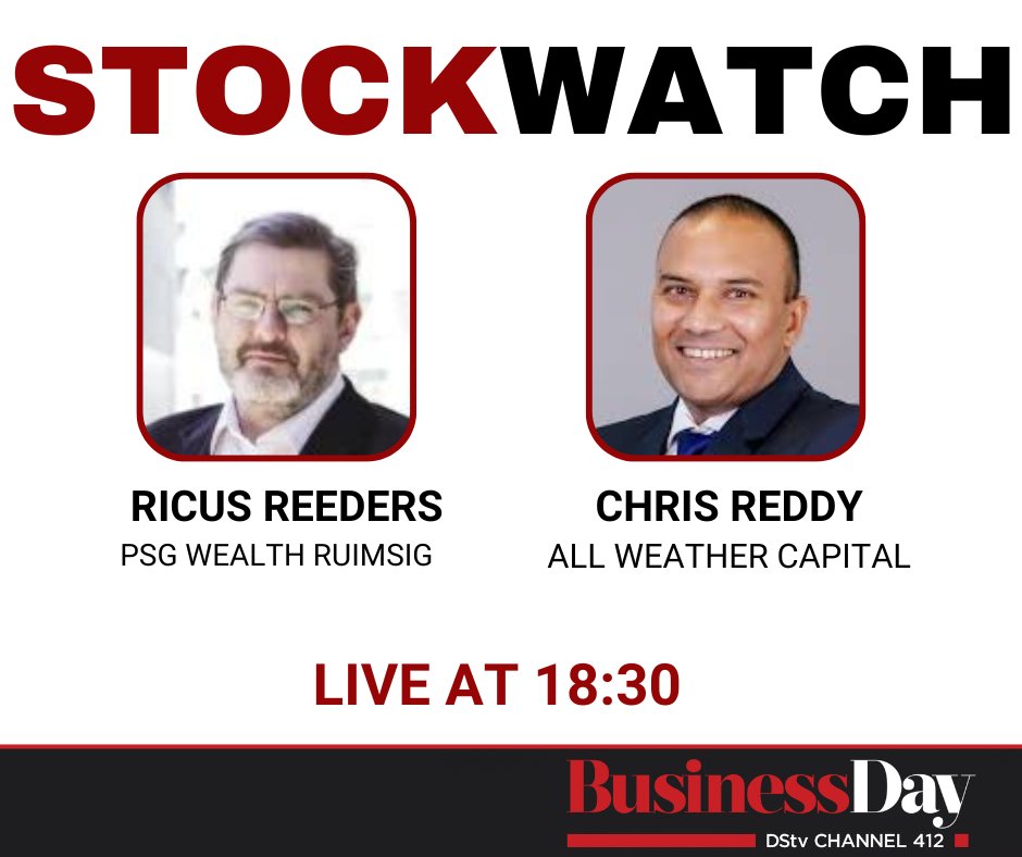 BusinessDayTV's tweet image. TONIGHT ON #STOCKWATCH:

We sit down with Ricus Reeders and Chris Reddy, as they unpack your stock-related questions.

CATCH IT LIVE!

Only on DSTV #Channel412 with @Zinathi_Gquma