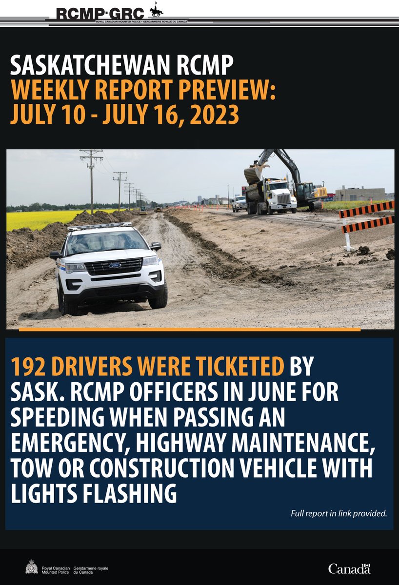 RCMPSK's tweet photo. #RCMPSK reminds drivers that speeding past emergency workers is dangerous – and illegal.

Want to see the fine one driver got for speeding 104 km/hr past an officer in a construction zone?

Find this + other news from July 10-16 in the #RCMPSKWeeklyReport: https://t.co/ENdswydR7t https://t.co/uiL3BlLDLD