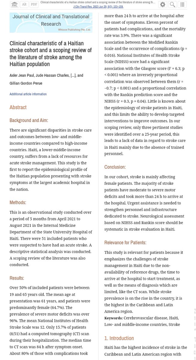 AxlerJeanpaul's tweet photo. This study is the first to report the epidemiological profile of the Haitian population presenting with stroke symptoms at the largest academic hospital in HAÏTI (HUEH).
https://t.co/wkvTD1YcJm
@BlackInNeuro @American_Stroke @MThrombectomy @MsppOfficiel @SocHaitiNeuro @AMHECEC https://t.co/sENkO6rLEq