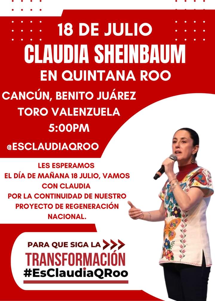 claudia_qroo's tweet photo. En QuintanaRoo, Cancún 🇲🇽 estamos de manteles largos por la visita de la Dra.@Claudiashein 🥰🎉🎉
@AnahiGonzalezQR @EsClaudiaQRoo @LaJefaShein @Sheinials 
#CancunEsClaudia #PrimeraPresidenta #EsClaudia https://t.co/I014CBNiPe