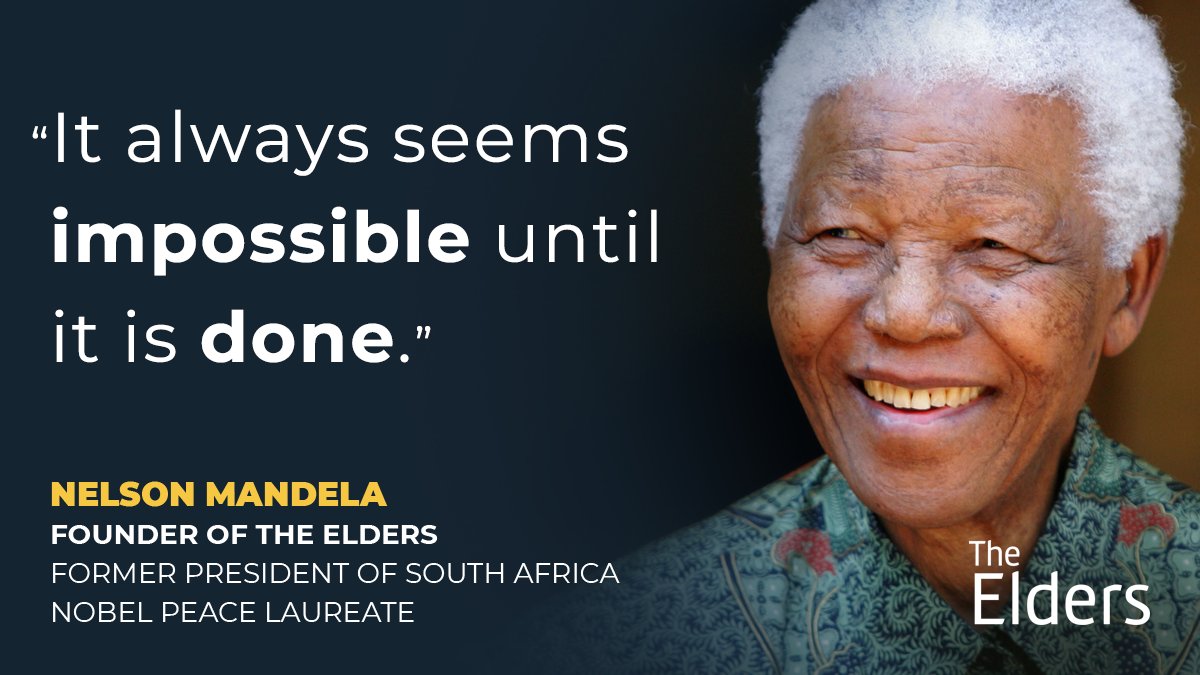 TheElders's tweet photo. 15 years after he launched The Elders, Nelson Mandela’s mandate, vision and values continue to drive our work.

The better world he imagined is possible. But we must work together, aware of our shared humanity, to create it: https://t.co/3Dqr6Tb8K5

#MandelaDay2023 https://t.co/9Vy63mVE9N