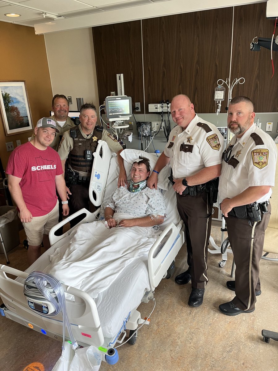 The Morrison County Sheriff’s Office shared this photo of Deputy Brady Pundsack at the hospital after he was struck by a 17-year-old driver while directing traffic outside of Pierz Freedom Fest last weekend. Sheriff Shawn Larsen reports Pundsack had surgery Monday on his neck,