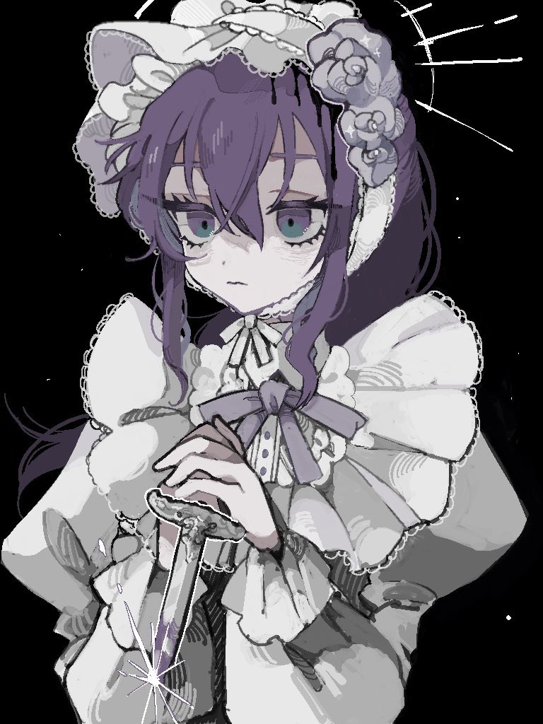 knife 1girl solo holding knife purple hair holding flower  illustration images