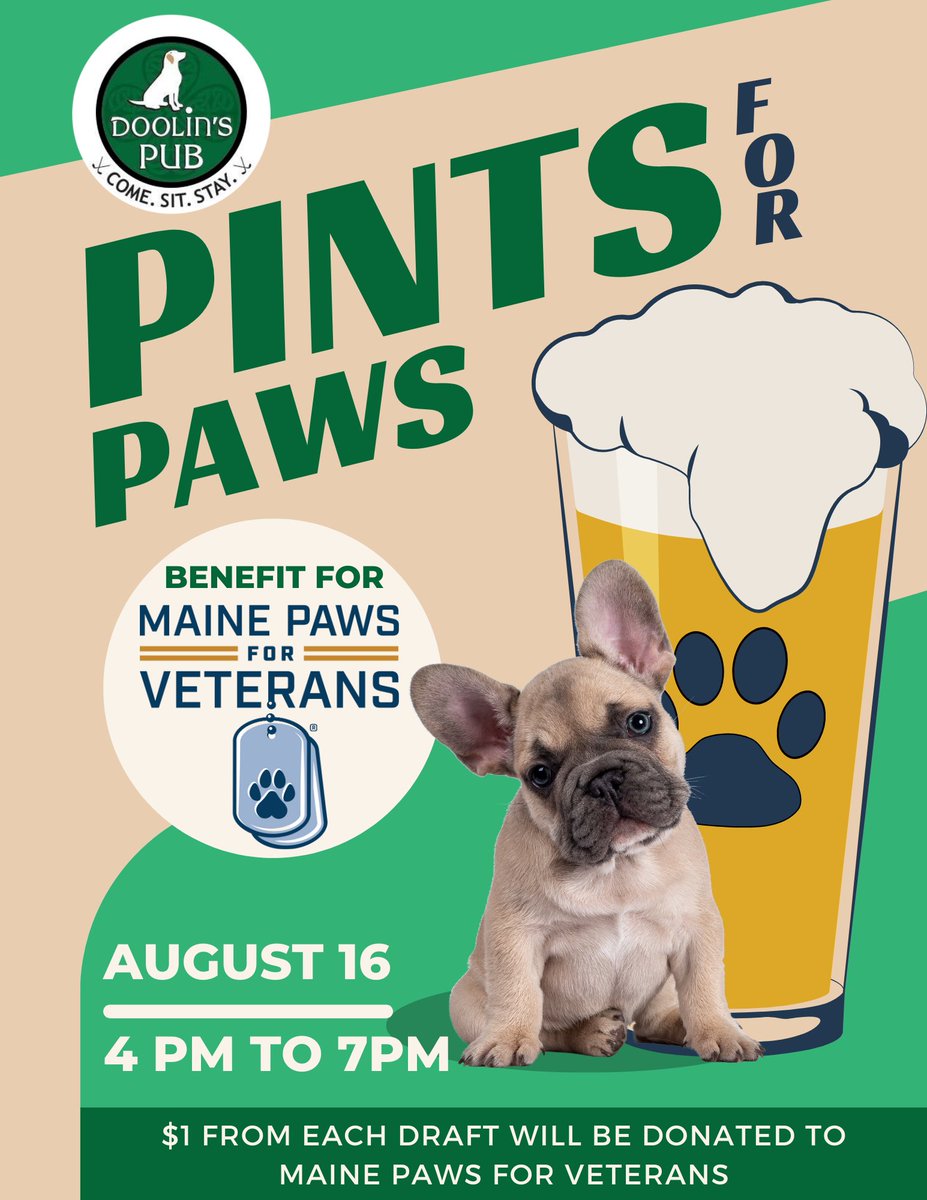 🍻🐾 Mark your calendars for August 16th...Pints for Paws, benefiting Maine Paws for Veterans. Grab a pint, make a difference, and let's raise our glasses to supporting our furry heroes and our brave veterans! 🍻🐶 #PintsForPaws