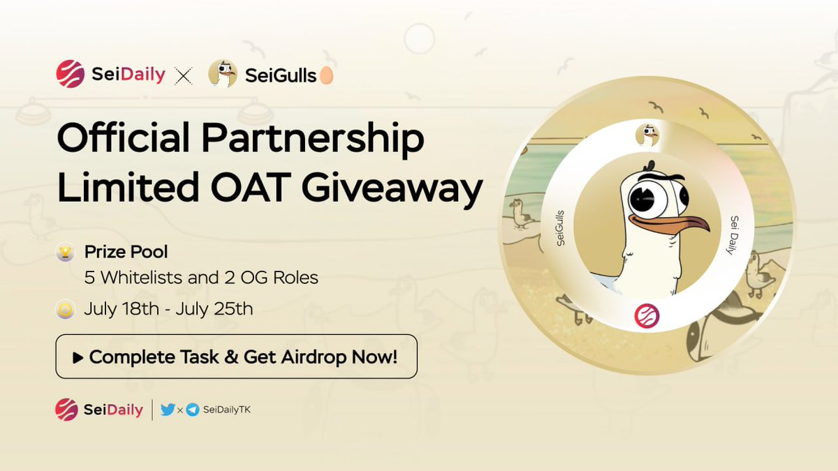 InkDailyTK's tweet photo. 📢 OFFICIAL PARTNERSHIP GIVEAWAY

@SeiDailyTK x @SeiGulls

➡️ COMPLETE TASKS &amp; GET OAT HERE: https://t.co/a7PkoWRQzj

🎁 Prize Pool:
5 Whitelist Spots and 2 OG Roles

⌛️ July 18th - 25th

#NFT #Giveaway #SeiNetwork https://t.co/MjQKxYCnrx