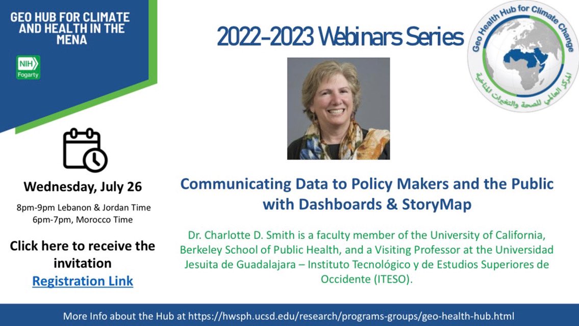 GEOHealth Hub for Climate Change and Health MENA (@geohubmena) on Twitter photo Don’t miss out on our coming webinar with Dr. Charlotte D. Smith.
Mark your calendars on the 26th of July for a talk about Communicating Data to Policy Makers and the Public with Dashboards & StoryMap.
Register to book your place!
đź”—Registration link:
events.teams.microsoft.com/event/4a0dc0ab… Don’t miss out on our coming webinar with Dr. Charlotte D. Smith.
Mark your calendars on the 26th of July for a talk about Communicating Data to Policy Makers and the Public with Dashboards & StoryMap.
Register to book your place!
đź”—Registration link:
events.teams.microsoft.com/event/4a0dc0ab…