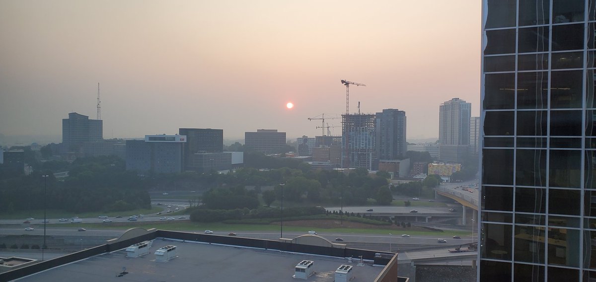 Good morning!  Beautiful weather in ATL, just don't breathe.  Watching this unique sunrise triggered a thought; "Given we can estimate carbon impact with air sampling and origins with GIS data; what would be the carbon debit  from failure to control your own forestry fires? 🤔