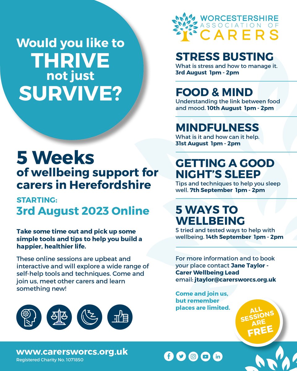 CarersHfd's tweet photo. You are invited to join us for 5 weeks of wellbeing support sessions for Carers in Herefordshire! Get in touch with Jane Taylor for more information or to book. #herefordshire #unpaidcarers #wellbeing #august2023 #foodandmind #stressbusting #mindfulness #sleepwell https://t.co/UCJg41Mncp