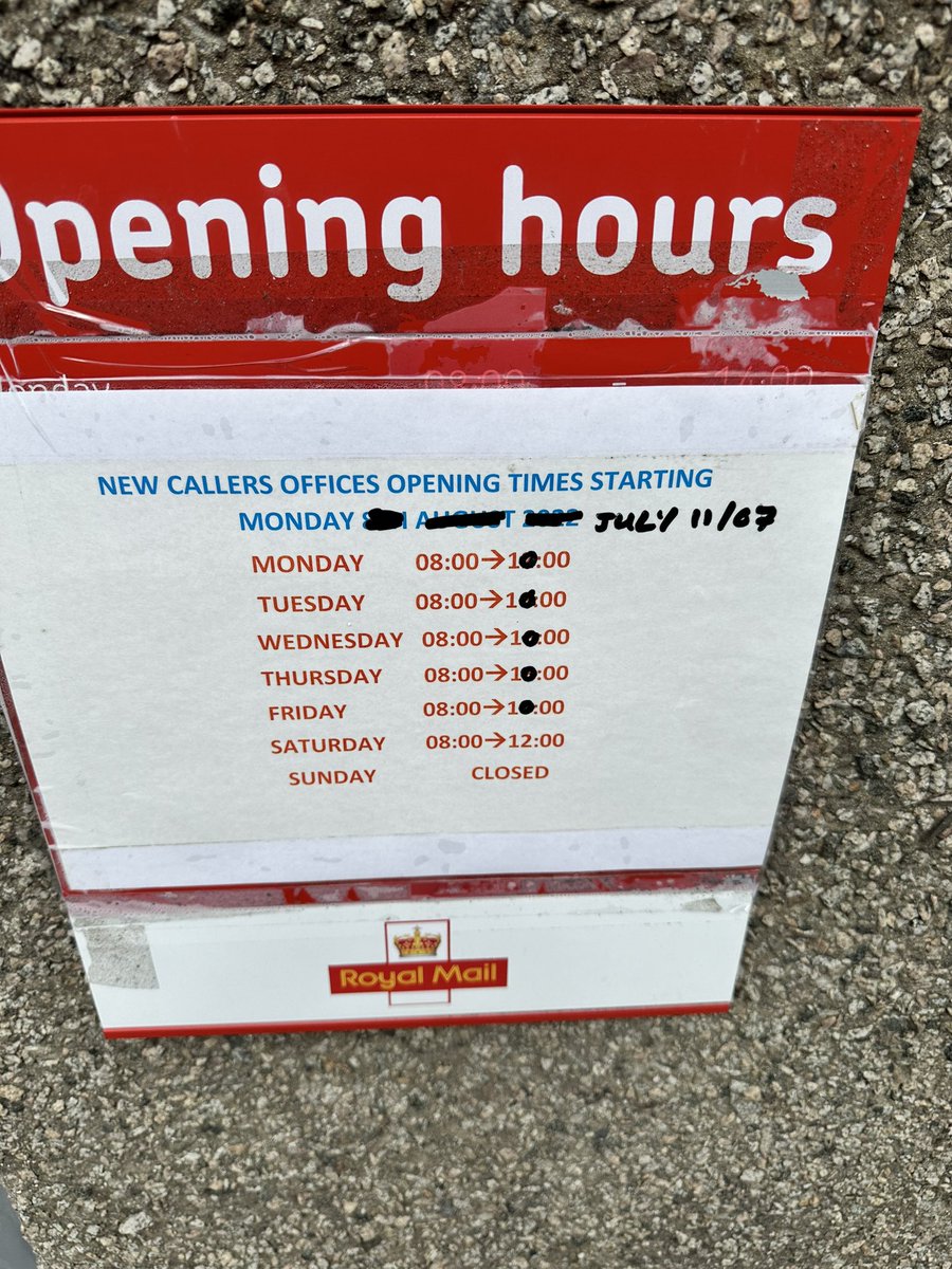 The_Barron's tweet photo. @RoyalMailHelp can you help/explain notice period and reduction of delivery office hours as below. Used to be 8-16 then 2022 8-12 now from last Tuesday 8-10… how are people meant to make efforts for collection? This combined with mail not being delivered/redelivered as promised? https://t.co/DvpmK1AWq0