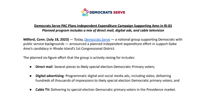 jamesd0wns's tweet photo. NEW @njhotline: Democrats Serve, an outside group supporting Democrats with public service-backgrounds, is launching a six-figure campaign boosting former Biden administration official Gabe Amo (D) in the RI-01 special election. https://t.co/FetC7nnvcr