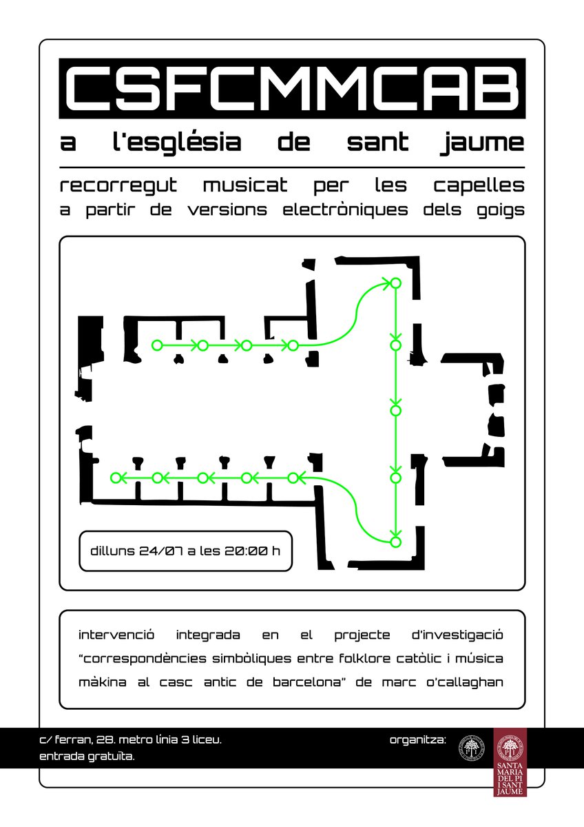 Dilluns que ve, vigília de Sant Jaume, tindrà lloc una nova intervenció de CSFCMMCAB a l'Església de Sant Jaume. Serà una ruta pel santoral interior (les capelles) mentre van sonant els goigs de cada sant. Organitzat en col·laboració directa amb la Parròquia del Pi i Sant Jaume.