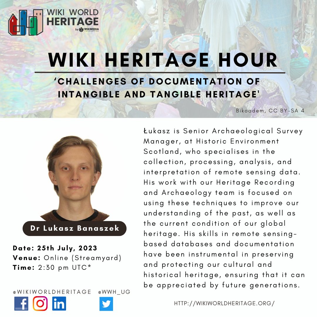 Our 9th session is on the topic 'Challenges of documentation of tangible and intangible heritage' on 25th July 2023, 2.30 PM UTC!

You can watch the live session on our Youtube or Facebook Live.

#wikiworldheritage #wikiheritagehour #worldheritage #heritagematters