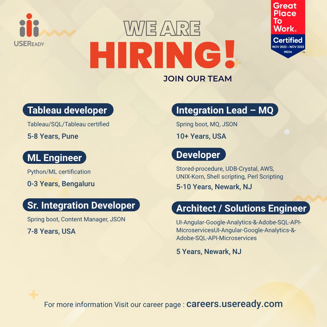 Join our team and unleash your potential in the world of data analytics and technology

Visit the career page to submit your application - hubs.ly/Q01Y0ZW50

#Tableau #SQL #tableaudeveloper #CRM #Python #Django #AWS #Salesforce #JSON #springboot #Bengaluru #Mohali #Gurugram