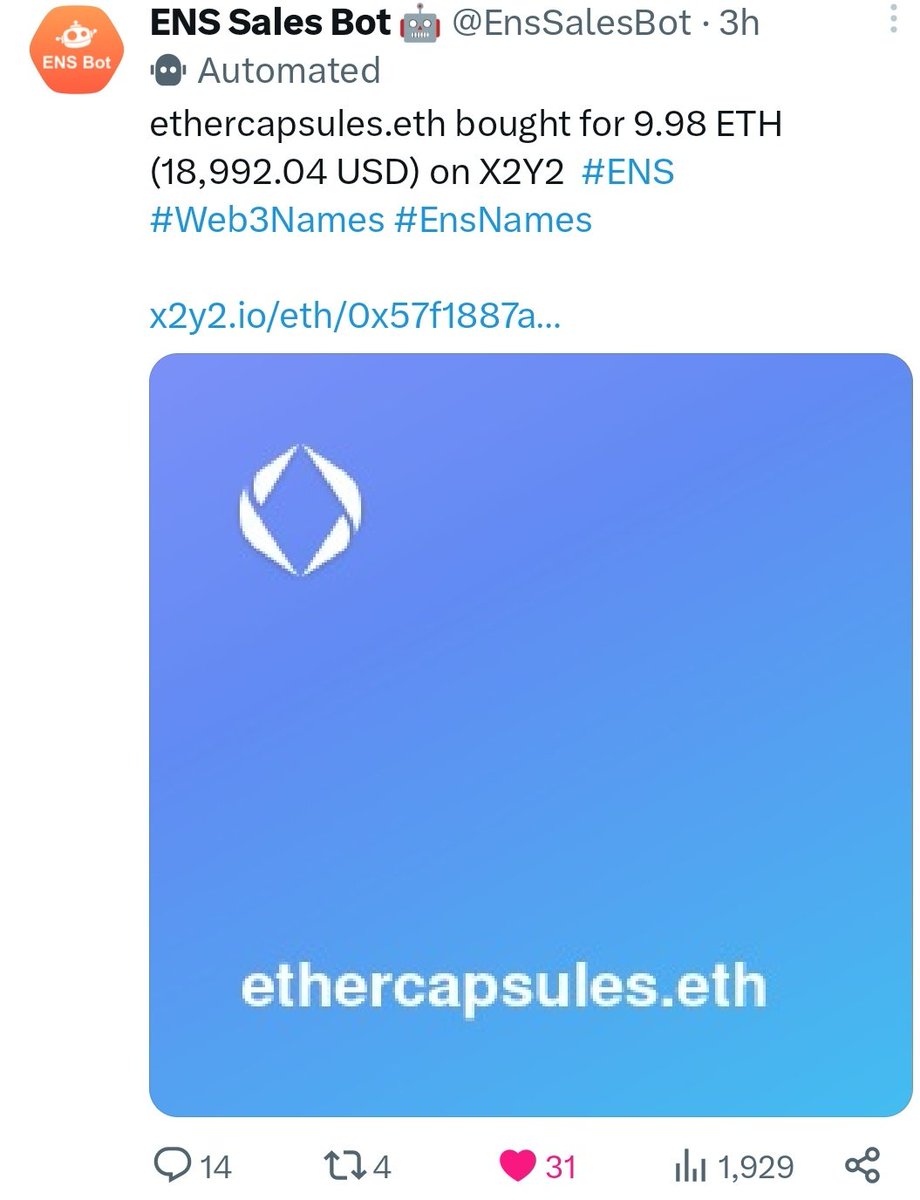 RoyRoyal07's tweet photo. ethercapsules.eth bought for
9.98 ETH (18,992.04 USD) on X2Y2 #ENS #Web3Names #EnsNames
ethercapsules.sats
Inscription #17964813
for 0.1200 BTC ($3,596.01) on @ordinalswallet
Check it out! π
https://t.co/VhopN0P5Jd
Domain #sns @satsnames #ens #eth #sats
#ethercapsules https://t.co/ynzjdZCgGq