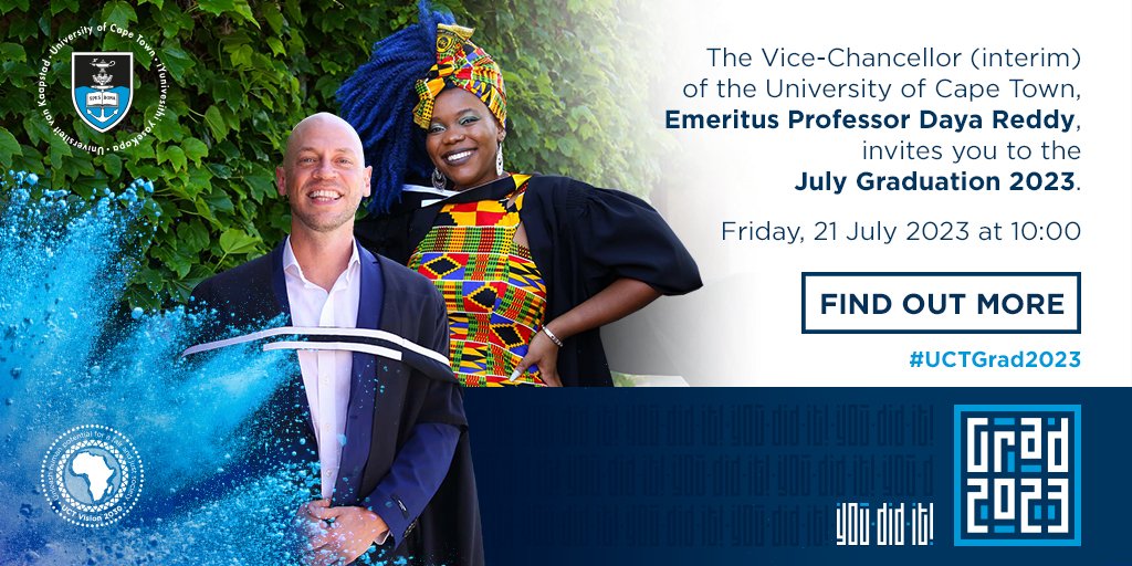 #UCTGrad2023 PhD graduands, are you ready?

The July PhD graduation ceremony will take place on Friday, 21 July at 10:00 SAST.

Find out more: bit.ly/46TRCJa
