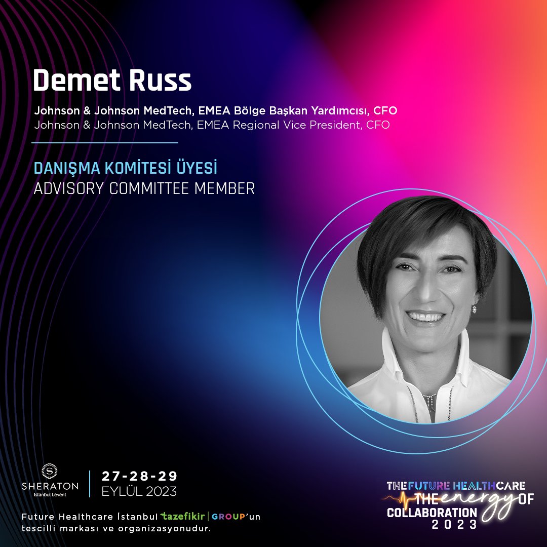 FutureIstanbul's tweet image. #JnjMedtech, EMEA Bölge Başkan Yardımcısı, CFO #DemetRuss bu yıl Future Healthcare İstanbul’da!
Doktorlar, eczacılar, beslenme uzmanları, diş hekimleri, medikal mühendisler, yazılımcılar, sağlık teknolojileri alanında çalışan Start Up’lar, hemşireler, ilaç firması yöneticileri